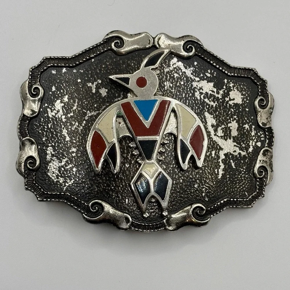 Vtg 70s 80s FHC Southwestern Native American Thunderbird Enamel Silver Tone Boho